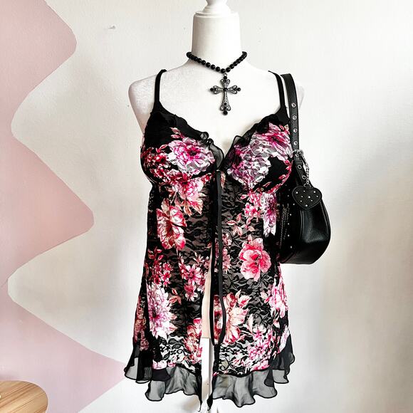 Black Lace Floral Ruffle Lingerie Top, Romantic, Gothic, Victorian, Y2K, XL - Picture 1 of 5
